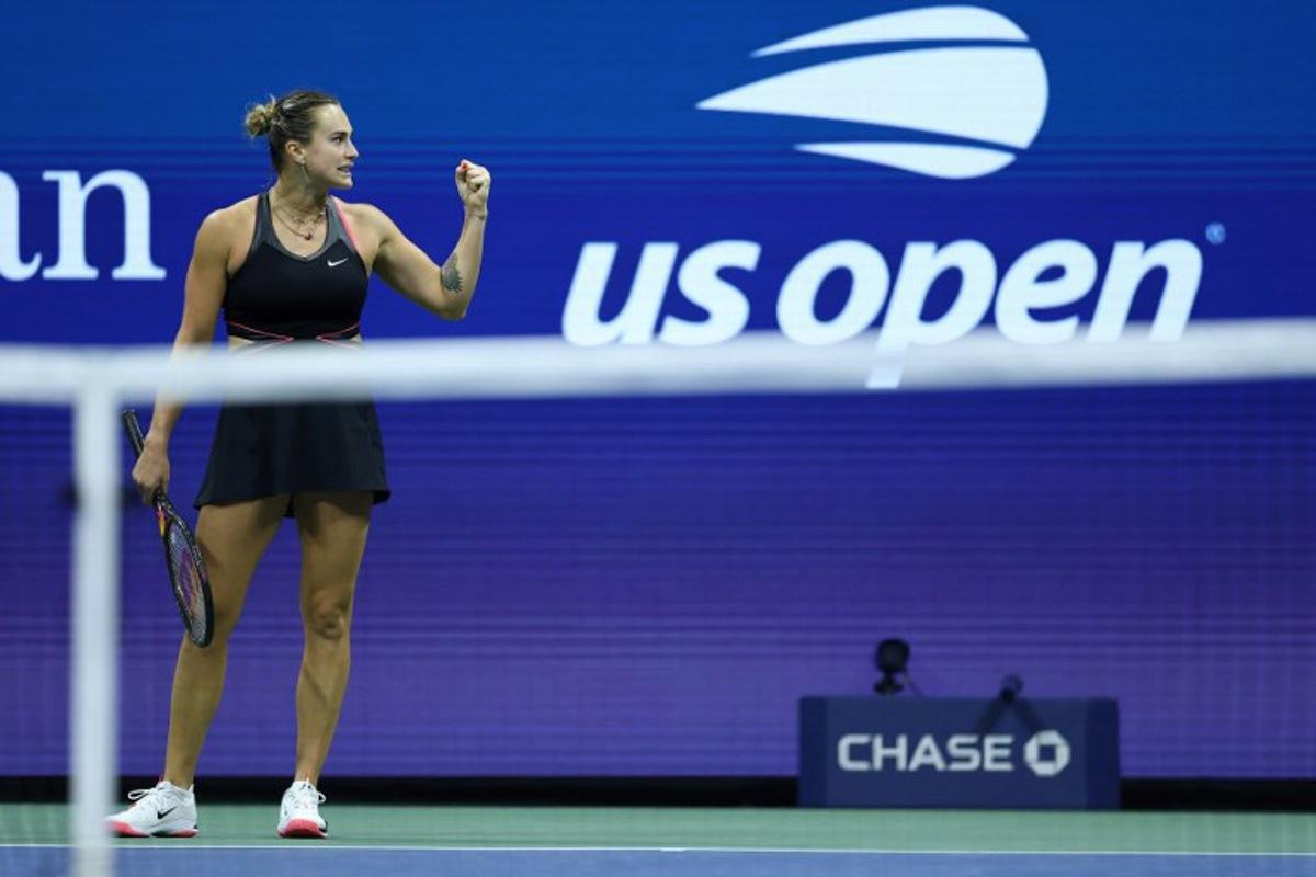 Belarus's Aryna Sabalenka reacts as she plays USA's Jessica Pegula in their women's singles semifinal tennis match on day twelve of the US Open tennis tournament at the USTA Billie Jean King National Tennis Center in New York City on September 4, 2025.  CHARLY TRIBALLEAU / AFP
