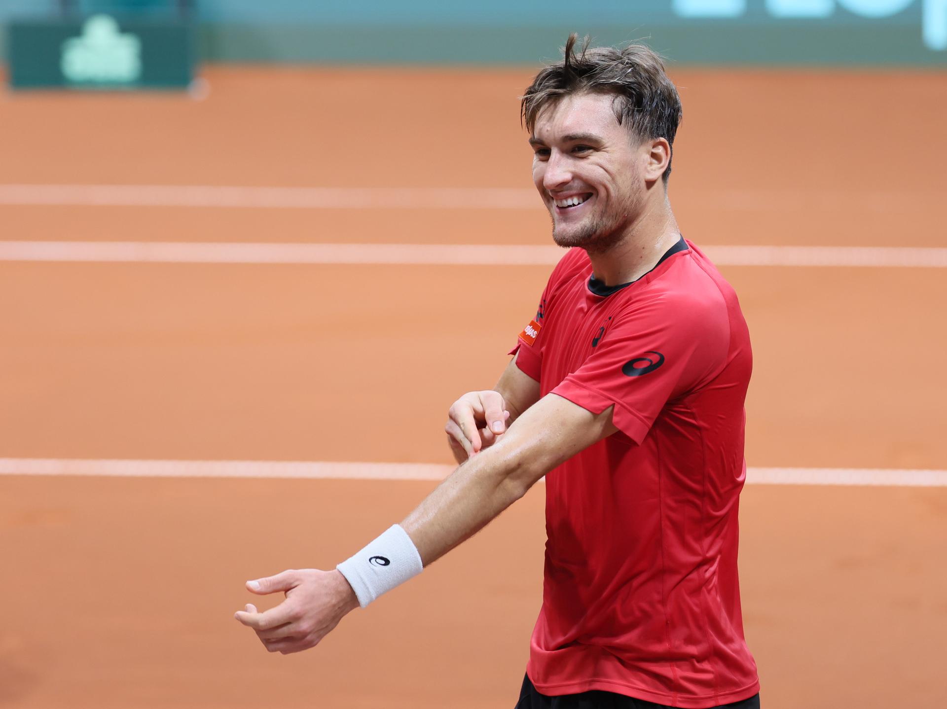 Belgian Raphael Collignon celebrates as he wins during a singles tennis match against Bulgarian Ivanov, match 4 of the qualifier of the Davis Cup on Sunday 08 February 2026, in Plovdiv, Bulgaria. Belgium will compete this weekend in the Davis Cup qualifiers against Bulgaria. Belgian is leading 4-0. BELGA PHOTO BENOIT DOPPAGNE