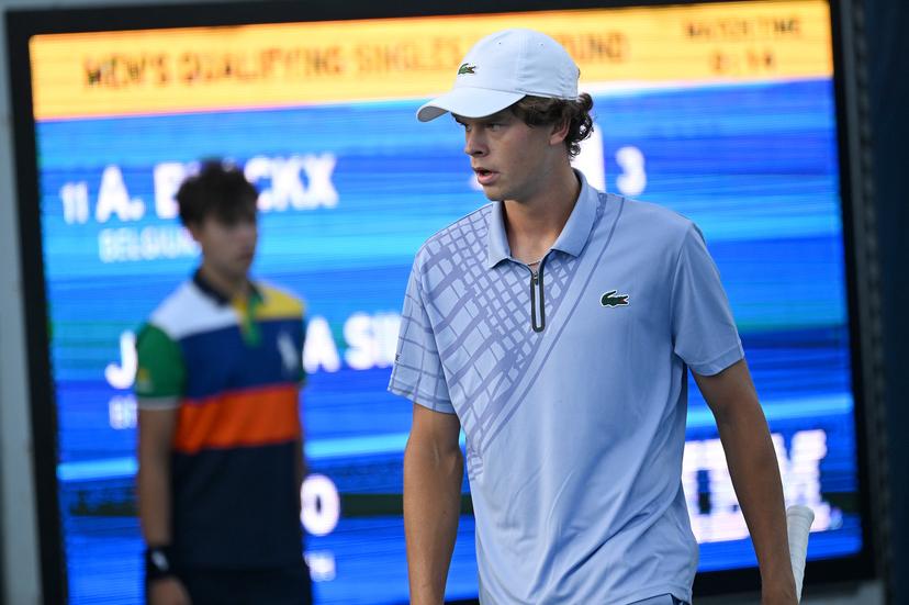 Belgian Alexander Blockx reacts during a tennis match against Brazilian Reis da Silva, in the first round of the qualifications for the men's signles of 2025 US Open Grand Slam tennis tournament in New York City, USA, Tuesday 19 August 2025. Blockx won 6-1, 6-2. BELGA PHOTO TONY BEHAR