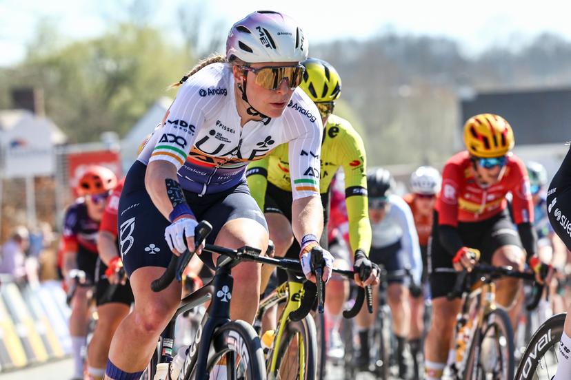 Irish Lara Gillespie of UAE Team ADQ pictured in action during the 'Nokere Koerse' one day cycling race for women elite, 134 km  from Deinze to Nokere, on Wednesday 19 March 2025. BELGA PHOTO DAVID PINTENS