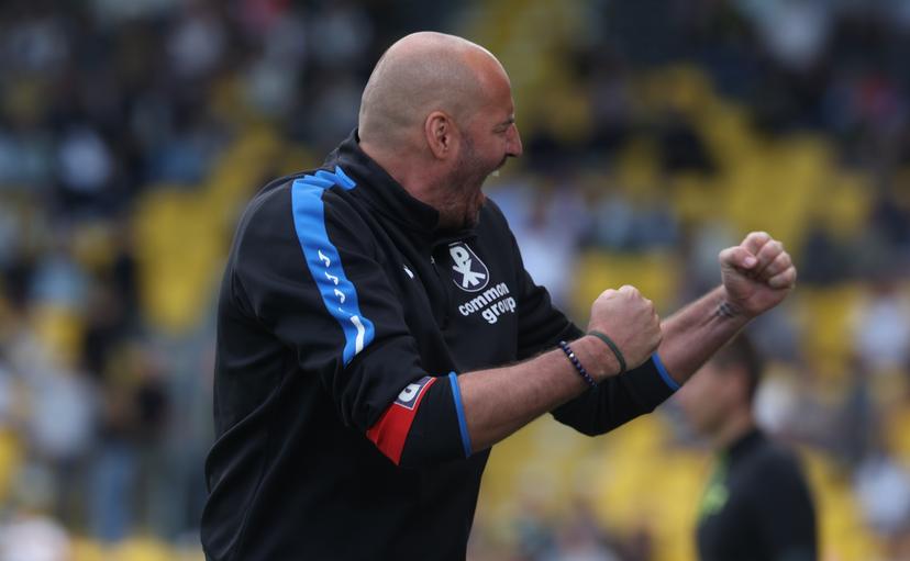 Patro Eisden's head coach Stijn Stijnen celebrates after winning a soccer match between KSC Lokeren-Temse and Patro Eisden Maasmechelen, Saturday 03 May 2025 in Lokeren, a final first leg game in the Promotion Play-off of the 2024-2025 'Challenger Pro League' 1B second division of the Belgian championship. BELGA PHOTO VIRGINIE LEFOUR