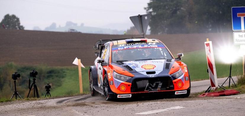 French driver Adrien Fourmaux and co-driver Alexandre Coria compete in their Hyundai i20 N Rally1 car during day three of the FIA World Rally Championship WRC Central European Rally at the SS9 "Made in FRG" stage near Roehrnbach close to Passau, southern Germany on October 18, 2025.  Joe Klamar / AFP