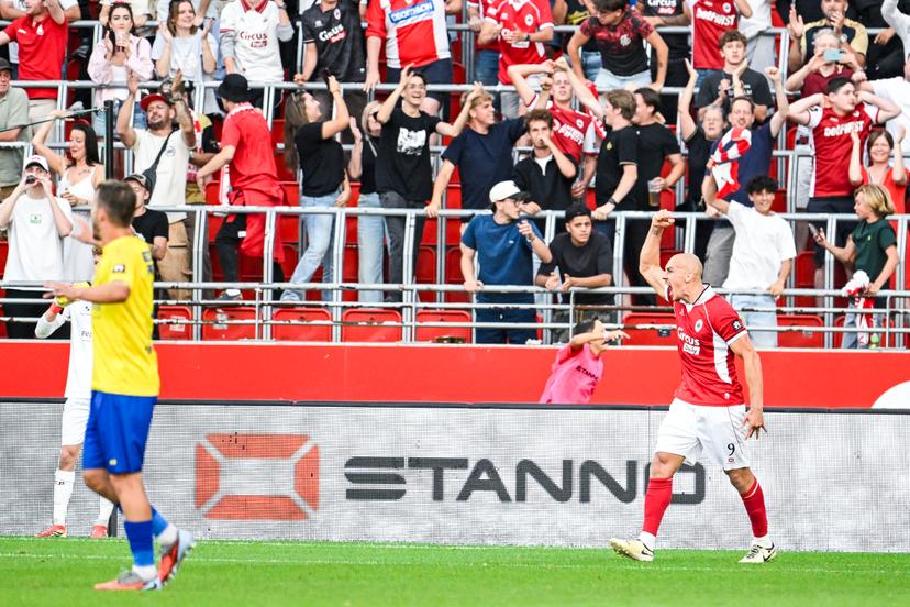 Antwerp's Michael Frey celebrates after scoring during a soccer match between Royal Antwerp FC and SK Beveren, Sunday 9 August 2026 in Antwerp, on day 1 of the 2026-2027 'Jupiler Pro League' first division of the Belgian championship. BELGA PHOTO TOM GOYVAERT