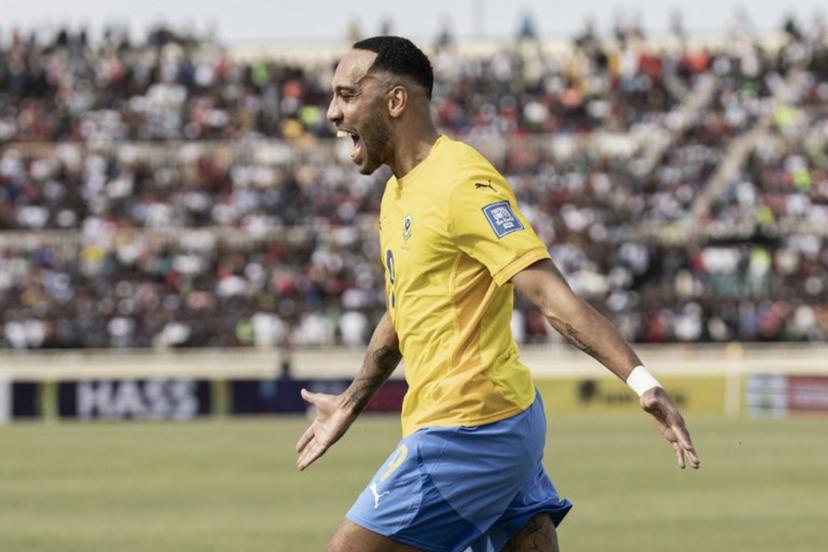 Gabon's #9 Pierre-Emerick Aubameyang celebrates after scoring a goal during the FIFA World Cup 2026 Africa qualifiers group F football match between Kenya and Gabon at the Nyayo National Stadium in Nairobi on March 23, 2025.  SIMON MAINA / AFP