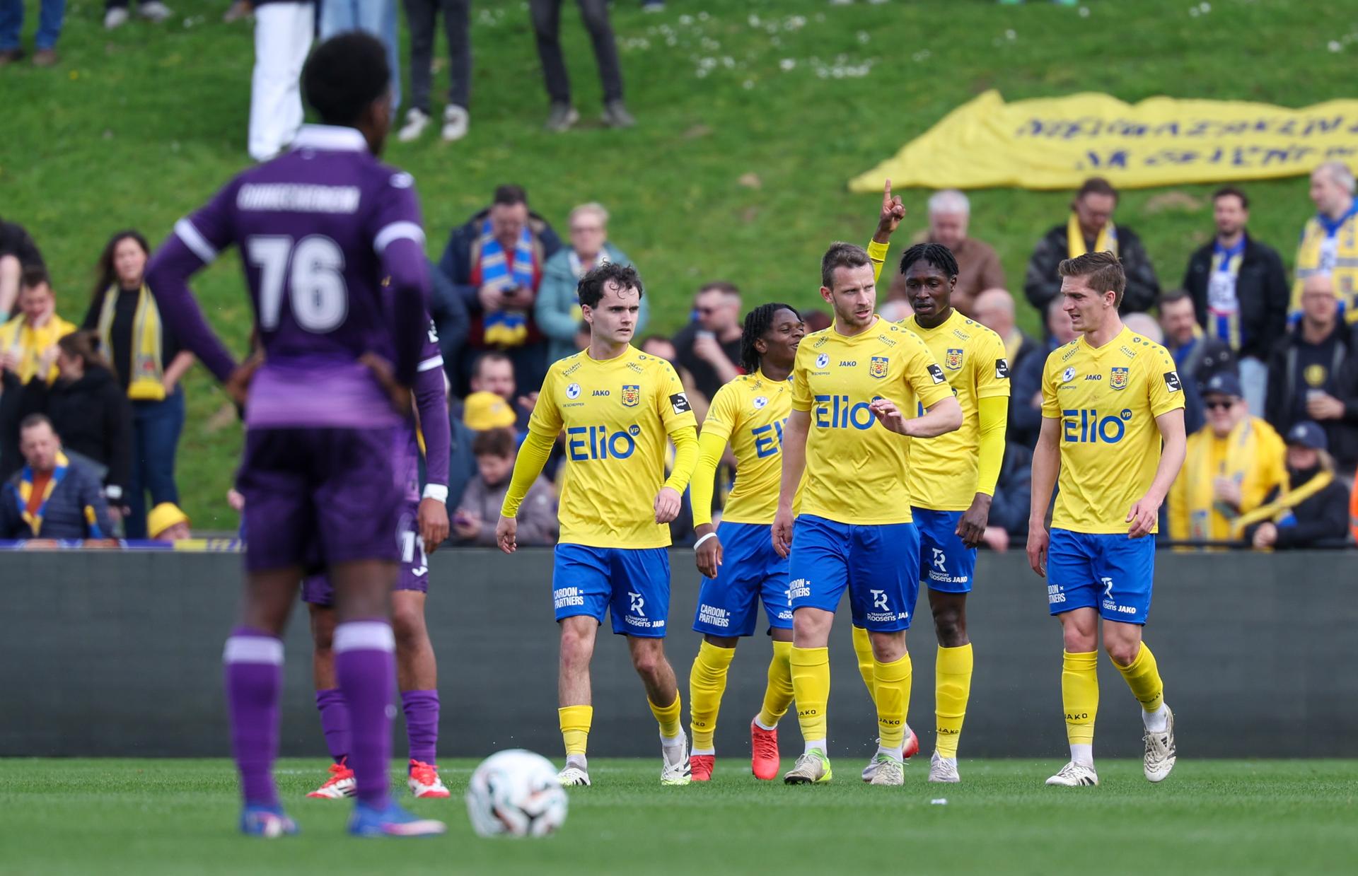 Beveren's Chris Lokesa celebrates after scoring during a soccer game between RSCA Futures and SK Beveren, on Saturday 04 April 2026 in Deinze, on day 32 of the 2025-2026 'Challenger Pro League' 1B second division of the Belgian championship. BELGA PHOTO VIRGINIE LEFOUR