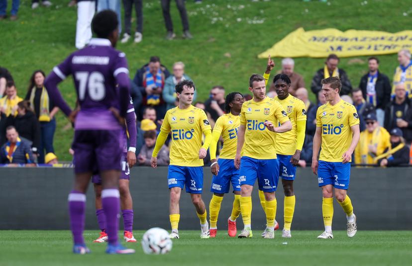 Beveren's Chris Lokesa celebrates after scoring during a soccer game between RSCA Futures and SK Beveren, on Saturday 04 April 2026 in Deinze, on day 32 of the 2025-2026 'Challenger Pro League' 1B second division of the Belgian championship. BELGA PHOTO VIRGINIE LEFOUR