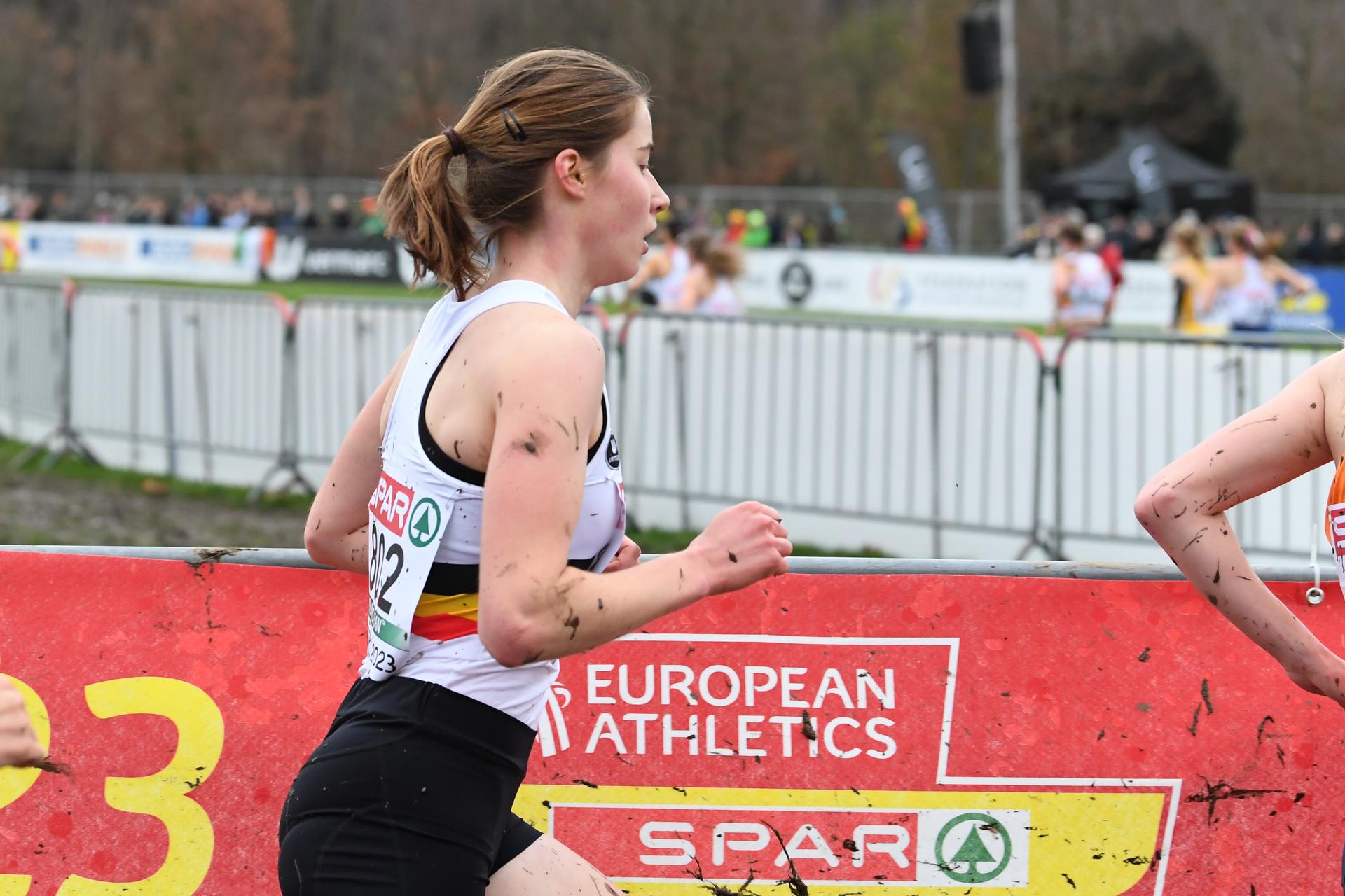 Belgian Marie Bilo pictured in action during the U23 women race at the European Cross Country Championships in Brussels, Sunday 10 December 2023 BELGA PHOTO JILL DELSAUX