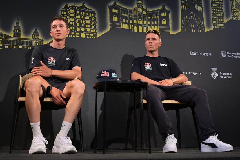 German Florian Lipowitz of Red Bull-BORA-hansgrohe and Belgian Remco Evenepoel of Red Bull-BORA-hansgrohe pictured during a press conference ahead of the 2026 Tour de France cycling race, Thursday 02 July 2026, in Barcelona, Spain. The 113th edition of the Tour de France starts on Saturday 4 July in Barcelona, Spain, and will finish in Paris, France on the 26th of July. BELGA PHOTO DAVID PINTENS
