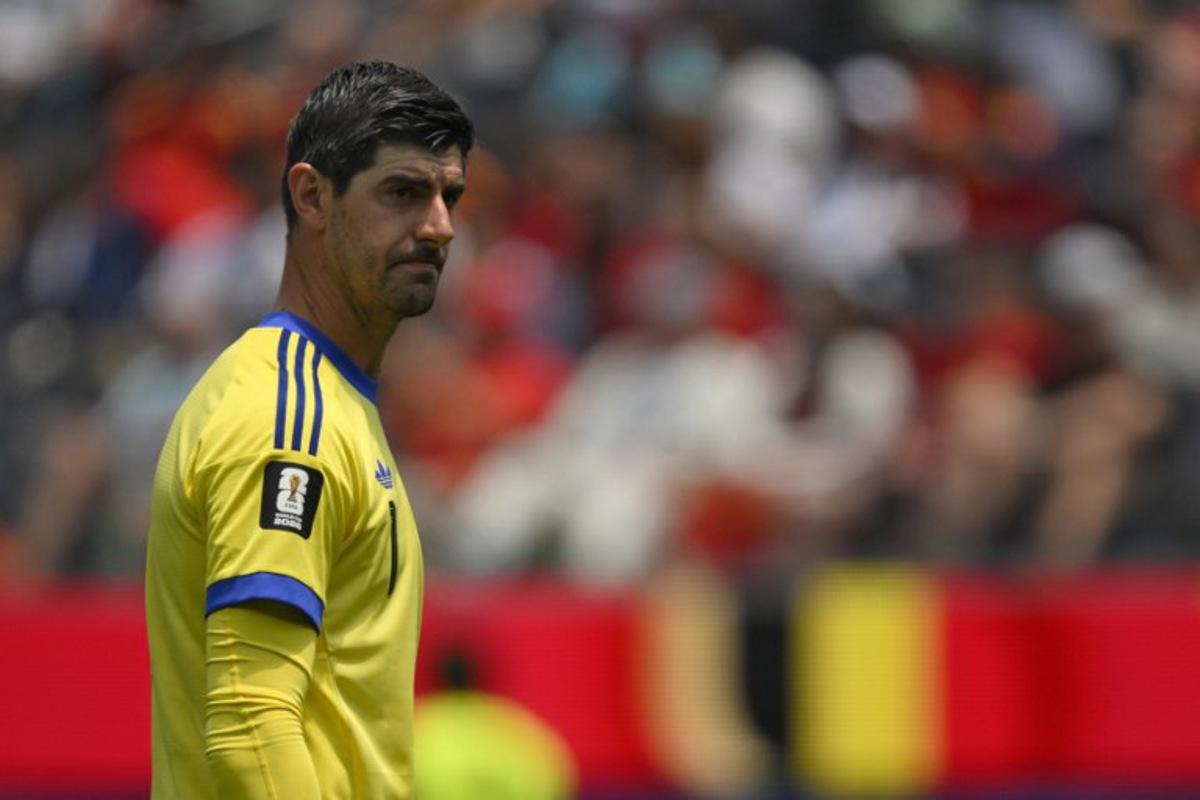 Belgium's goalkeeper #01 Thibaut Courtois reacts during the 2026 World Cup football tournament quarter-final match between Spain and Belgium at the Los Angeles Stadium in Inglewood on July 10, 2026.   Patrick T. Fallon / AFP