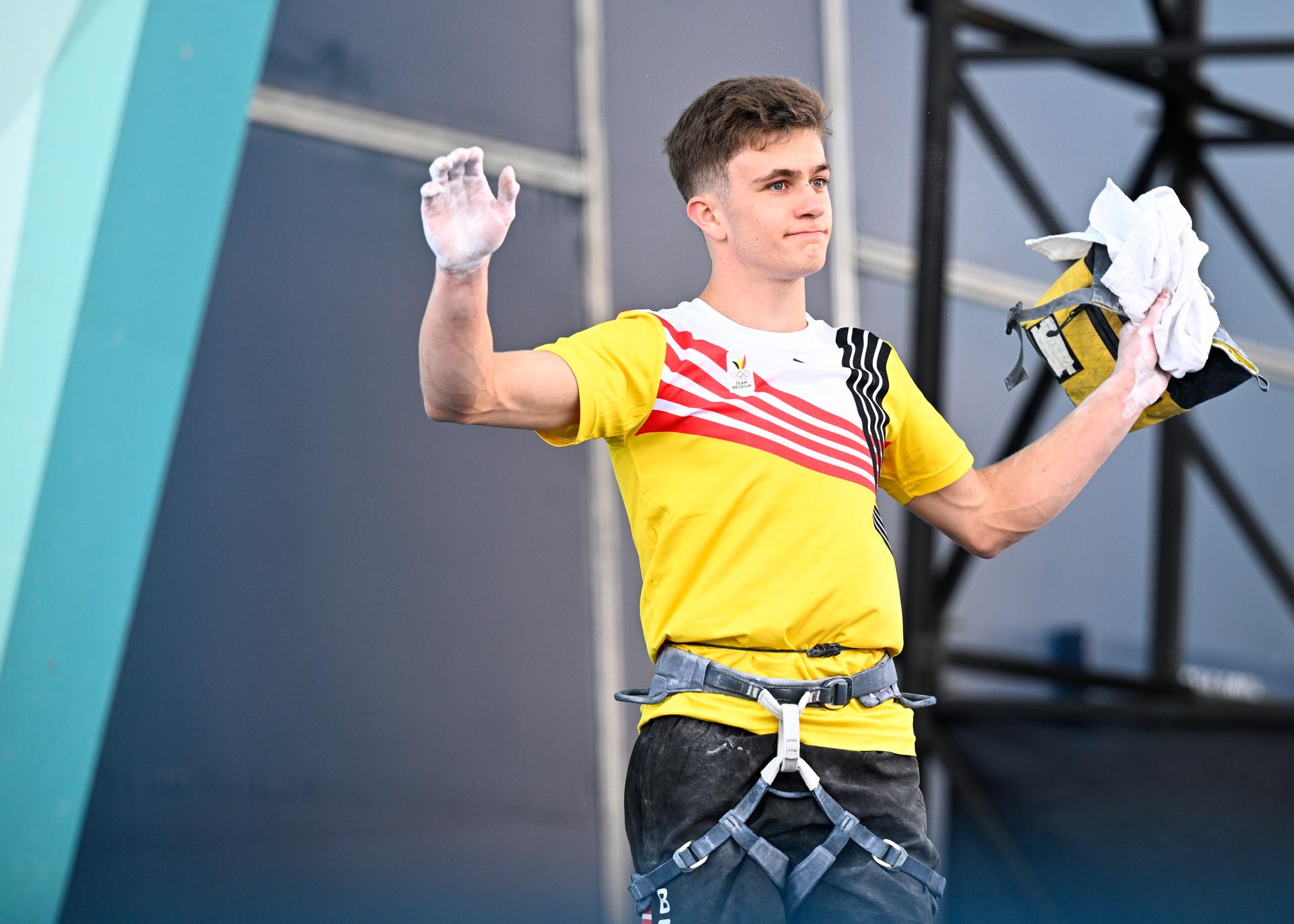 Belgian climber Hannes Van Duysen pictured during the men's Lead semi-final of the sport climbing event at the Paris 2024 Olympic Games, on Wednesday 07 August 2024 in Paris, France. The Games of the XXXIII Olympiad are taking place in Paris from 26 July to 11 August. The Belgian delegation counts 165 athletes competing in 21 sports. BELGA PHOTO JASPER JACOBS