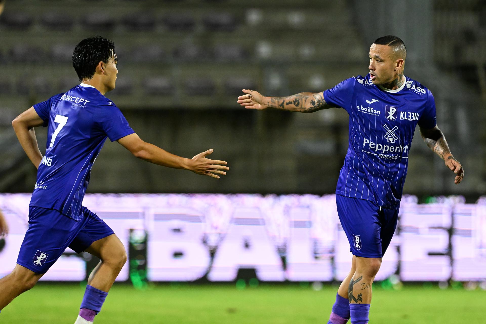 Patro Eisden's Radja Nainggolan celebrates after scoring during a soccer match between Patro Eisden and Club NXT, Saturday 29 August 2026 in Maasmechelen, on day 3 of the 2026-2027 'Challenger Pro League' second highest division of the Belgian championship. BELGA PHOTO JILL DELSAUX