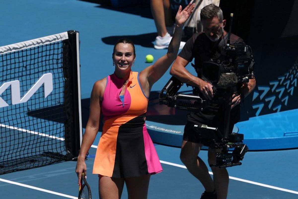 Belarus' Aryna Sabalenka celebrates victory over USA's Iva Jovic after their women's singles quarter-final match on day ten of the Australian Open tennis tournament in Melbourne on January 27, 2026.  DAVID GRAY / AFP