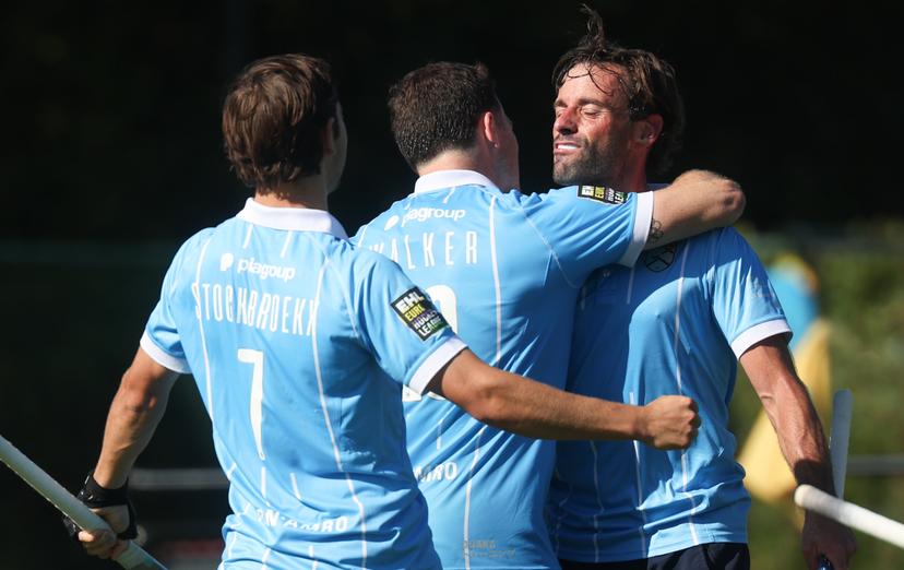 Braxgata's Sebastien Dockier celebrates after scoring during a hockey game between Braxgata and Waterloo Ducks, Saturday 06 September 2025 in Boom, on day 1 of the Belgian Men Hockey League season 2025-2026. BELGA PHOTO VIRGINIE LEFOUR