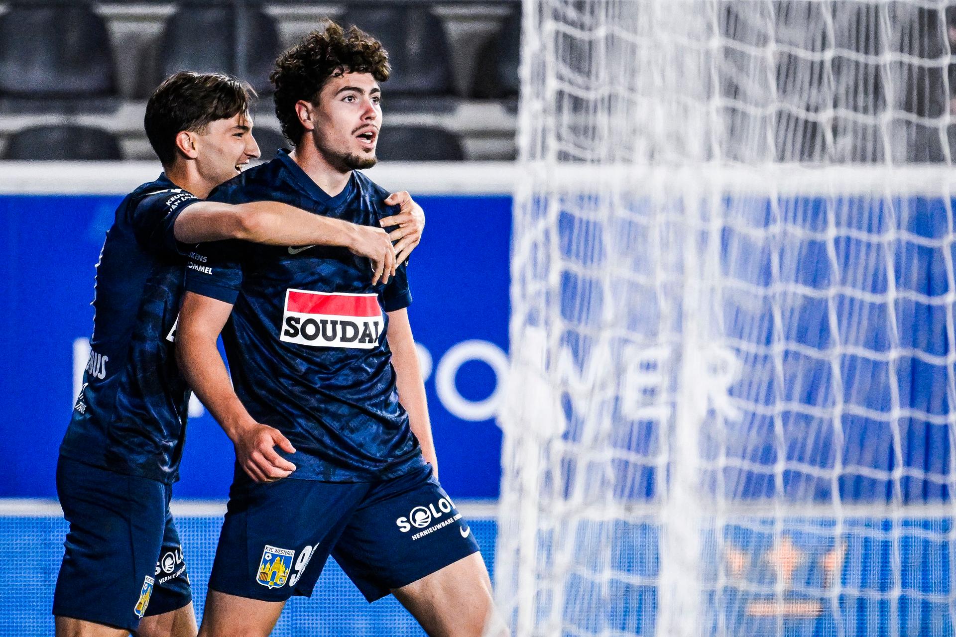 Westerlo's Nacho Ferri celebrates after scoring during a soccer match between Oud-Heverlee Leuven and KVC Westerlo, Tuesday 21 April 2026 in Leuven, on the fourth day of the Europe Play-offs (PO2) of the 2025-2026 'Jupiler Pro League' first division of the Belgian championship. BELGA PHOTO TOM GOYVAERTS