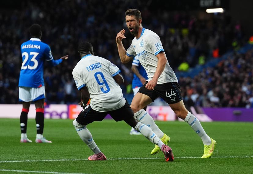 Club Brugge's Brandon Mechele (right) celebrates after scoring his sides third goal during the UEFA Champions League, play-off, first leg match at Ibrox Stadium, Glasgow. Picture date: Tuesday August 19, 2025. BELGIUM ONLY