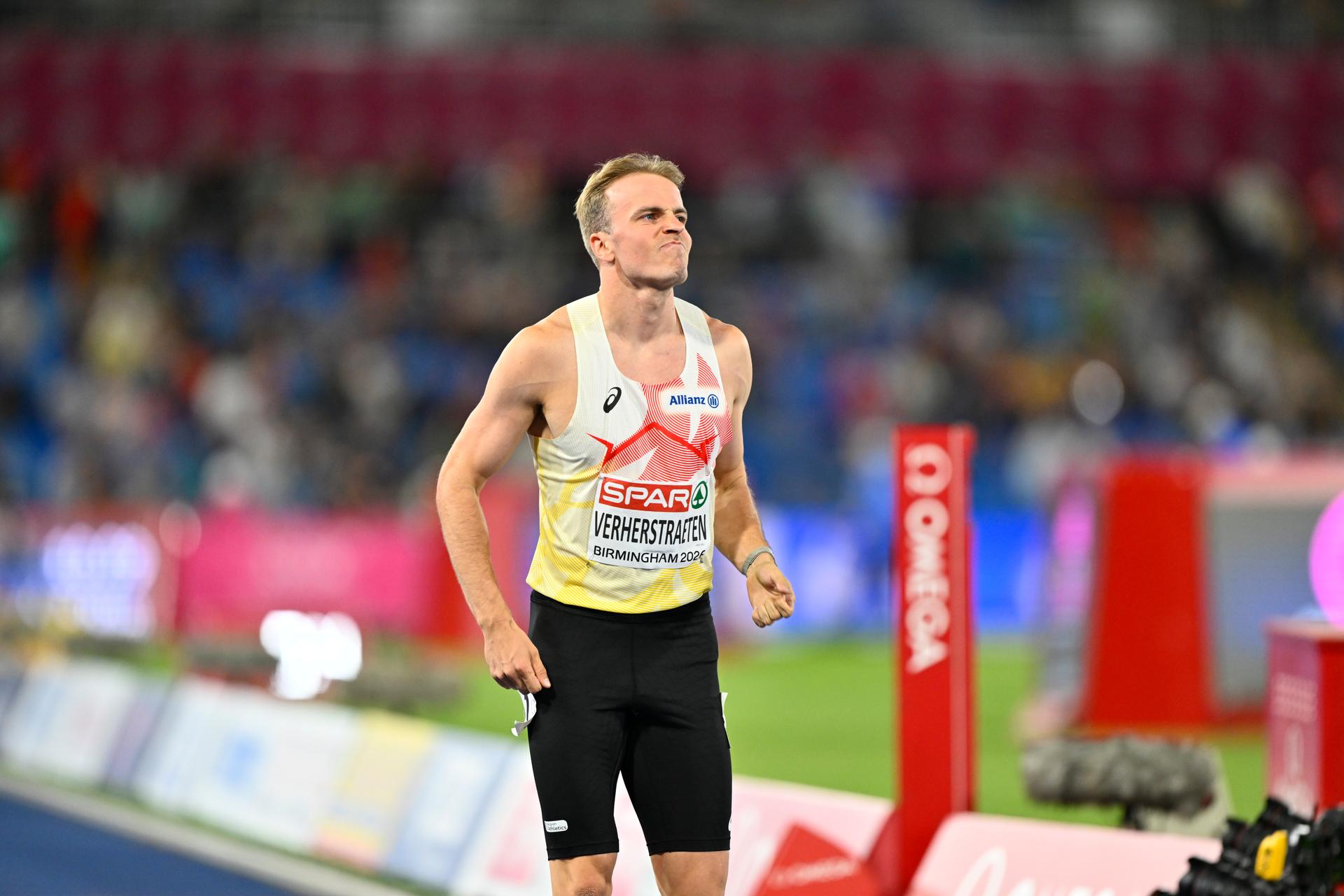 Belgian athlete Simon Verherstraeten after finishing 8th with an injury in the men's final of the 100m event  on the second day of the European Athletics Championships (August 10-18) in Birmingham, United Kingdom, on Tuesday 11 August 2026. BELGA PHOTO ERIC LALMAND