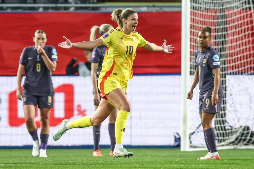 Belgium's Justine Vanhaevermaet celebrates after scoring during a soccer game between the national teams of Belgium (Red Flames) and England, on the fourth matchday in group A3 of the 2024-25 Women's Nations League competition, on Tuesday 08 April 2025 in Heverlee, Leuven. BELGA PHOTO BRUNO FAHY