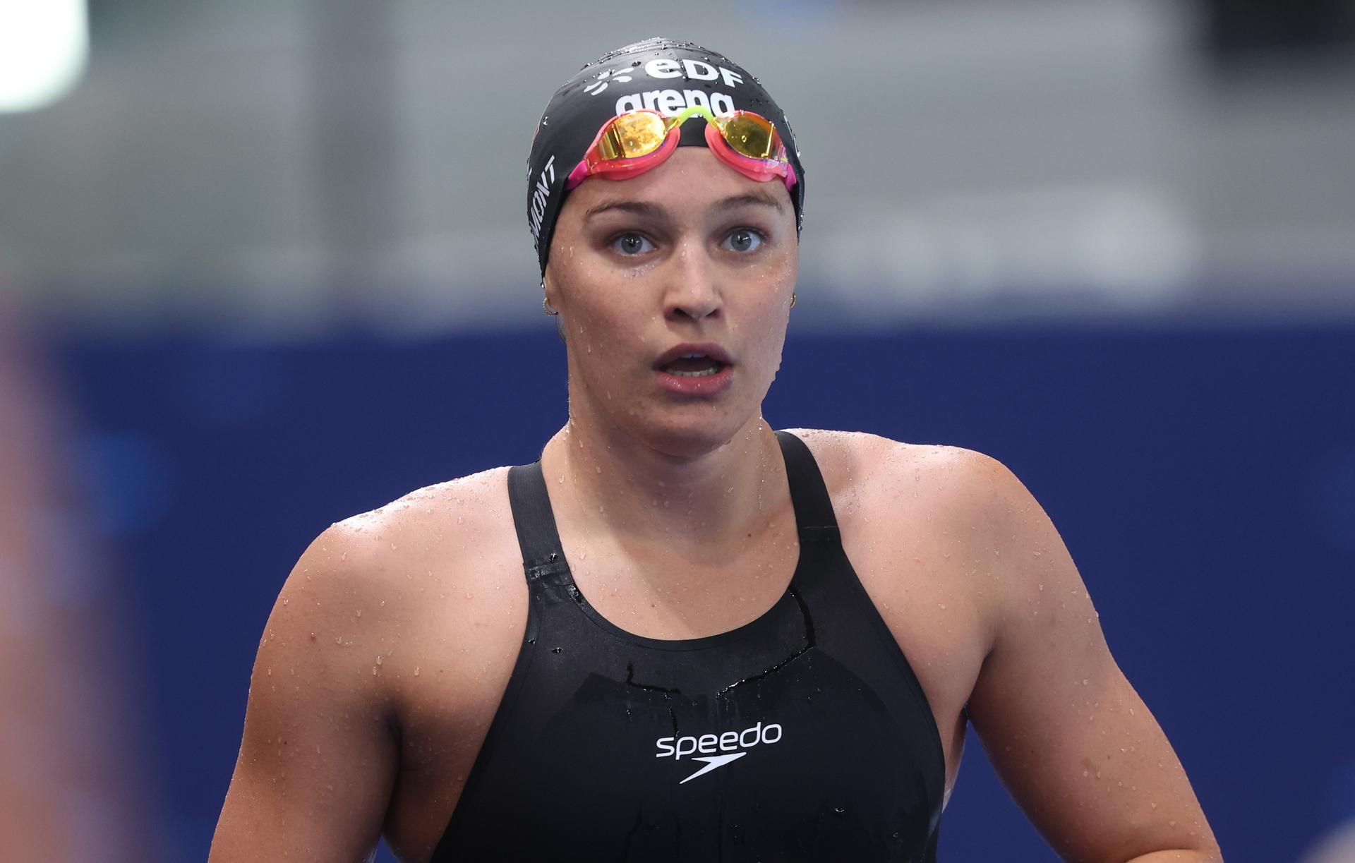 Belgian Sarah Dumont pictured after the final of the Women's 400 m freestyle race on the last day of  the European Aquatics Championships in Paris, France on Sunday 16 August 2026. BELGA PHOTO VIRGINIE LEFOUR
