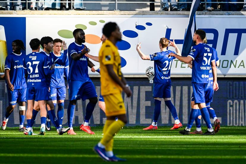 Gent's Max Dean celebrates after scoring during a soccer match between KAA Gent and KV Mechelen, Monday 06 April 2026 in Gent, on the first day of the Champion's Play-offs (PO1) of the 2025-2026 'Jupiler Pro League' first division of the Belgian championship. BELGA PHOTO TOM GOYVAERTS