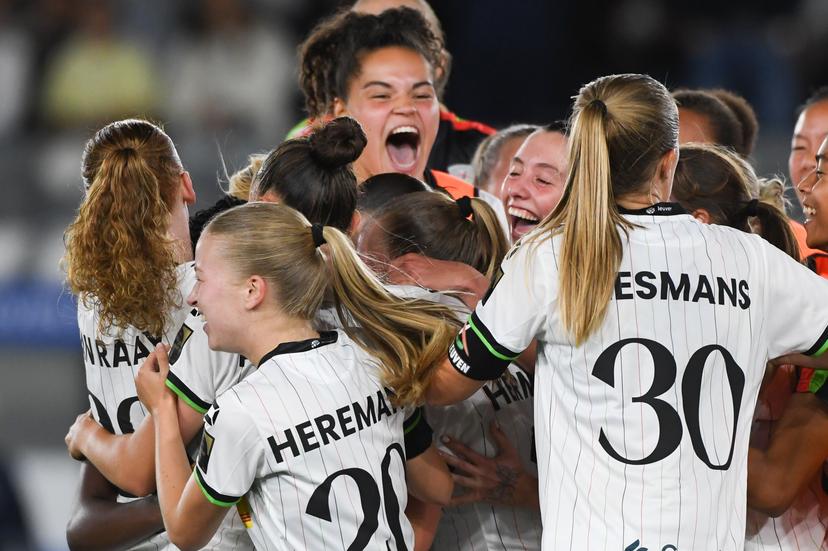 OHL Women's players` celebrate after scoring during a soccer match between Oud-Heverlee Leuven Women and Bosnian-Herzegovinian SFK 2000 Sarajevo, Wednesday 27 August 2025 in Leuven, the first game in the qualification tournament for the UEFA Champions League competition. BELGA PHOTO JILL DELSAUX