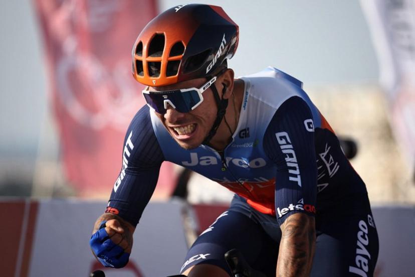 Australia's Caleb Ewan of Jayco Alula gestures as he crosses the finish line to win the first stage of the Tour of Oman between the Oman Across Ages Museum and the Oman Convention and Exhibition Centre in Muscat on February 10, 2024.  Anne-Christine POUJOULAT / AFP