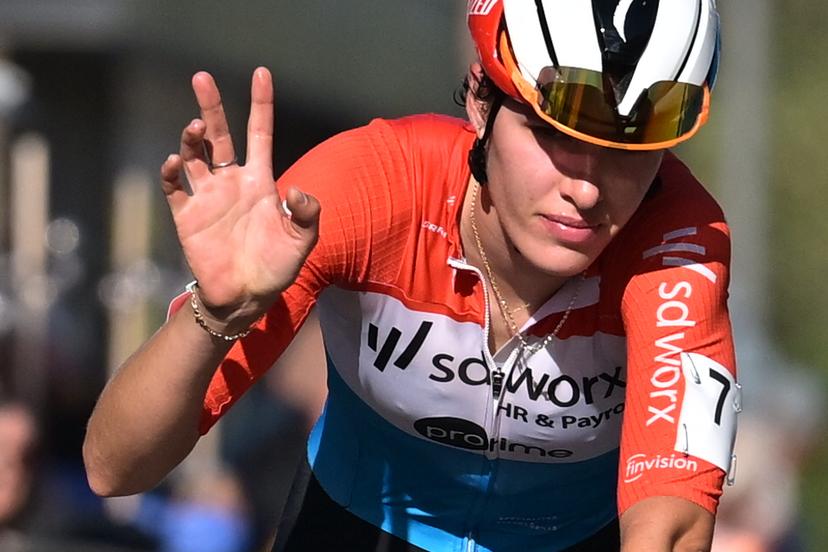 Luxembourg's Marie Schreiber crosses the finish line of  the women elite race of the 'Kermiscross' cyclocross cycling event, on Thursday 15 October 2026, in Ardooie. BELGA PHOTO DAVID PINTENS