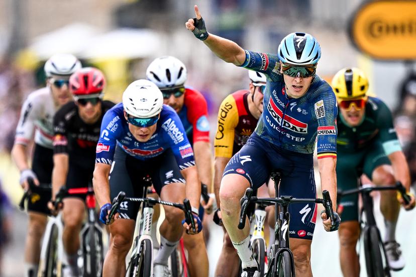 Belgian Tim Merlier of Soudal Quick-Step celebrates after winning the stage 12 of the 2026 Tour de France cycling race, a stage of 181km from Nevers Magny-Cours to Chalon-sur-Saone, on Thursday 16 July 2026. The 113th edition of the Tour de France starts on Saturday 4 July in Barcelona, Spain, and will finish in Paris, France on the 26th of July. BELGA PHOTO JASPER JACOBS