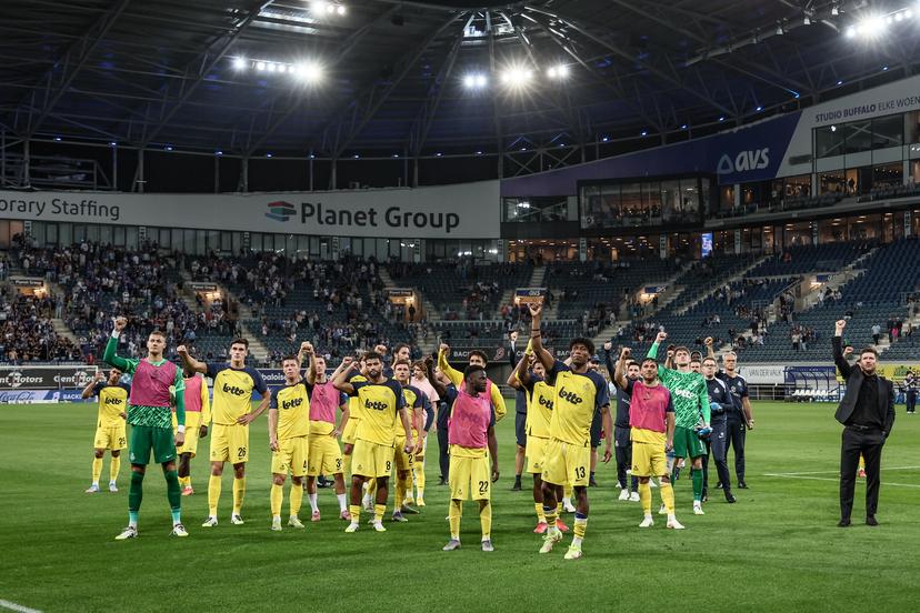 Union's players celebrate after winning a soccer match between KAA Gent and Royale Union Saint-Gilloise, Saturday 09 August 2025 in Gent, on day 3 of the 2025-2026 'Jupiler Pro League' first division of the Belgian championship. BELGA PHOTO BRUNO FAHY