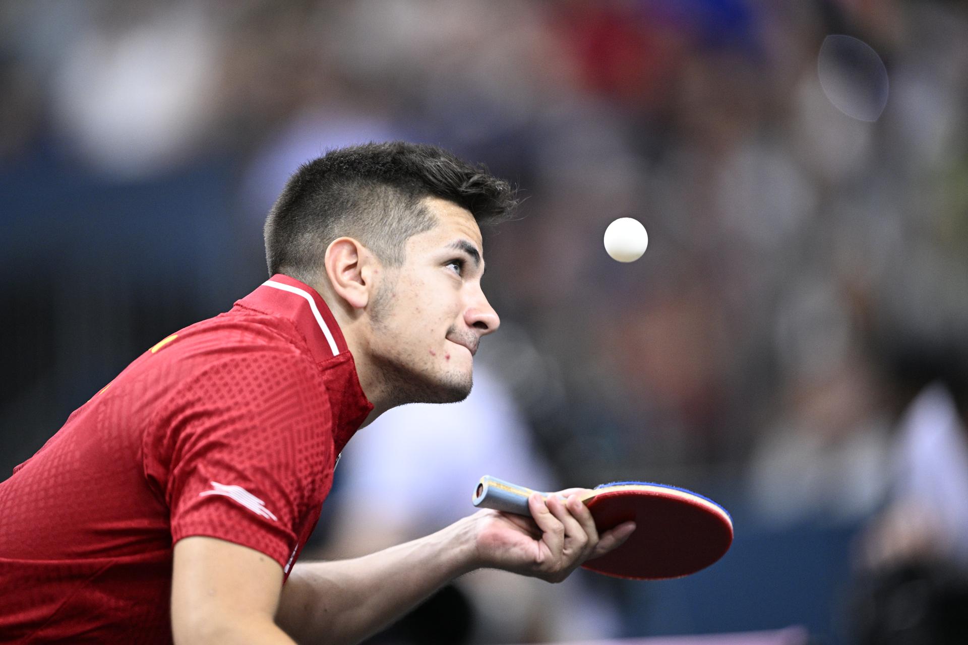 Belgian Martin Allegro pictured in action during a table tennis match against Japanese Harimoto, in the round of 64 of the men's singles tournament at the Paris 2024 Olympic Games, on Monday 29 July 2024 in Paris, France. The Games of the XXXIII Olympiad are taking place in Paris from 26 July to 11 August. The Belgian delegation counts 165 athletes competing in 21 sports. BELGA PHOTO JASPER JACOBS
