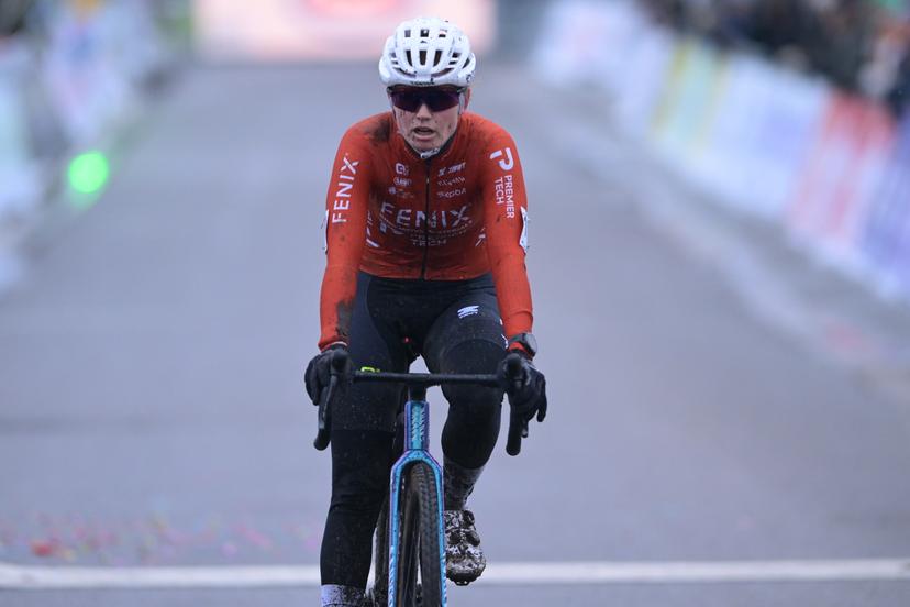 Belgian Marthe Truyen pictured on the finish line of the Women elite race at the Belgian Cyclocross Championships in Beringen on Saturday 10 January 2026. BELGA PHOTO DAVID PINTENS