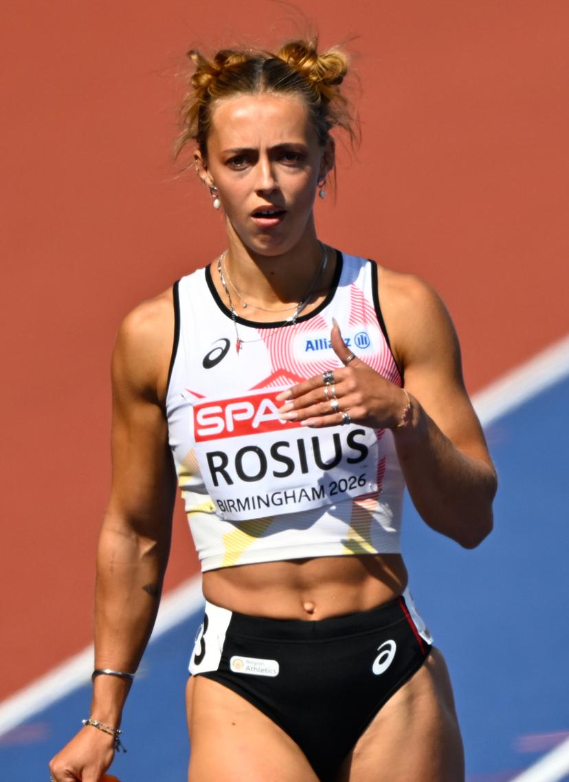 Belgian Rani Rosius pictured after the first round of the women's 4x100m relay race, on the seventh day of the European Athletics Championships (August 10-18) in Birmingham, United Kingdom, on Saturday 15 August 2026. BELGA PHOTO ERIC LALMAND