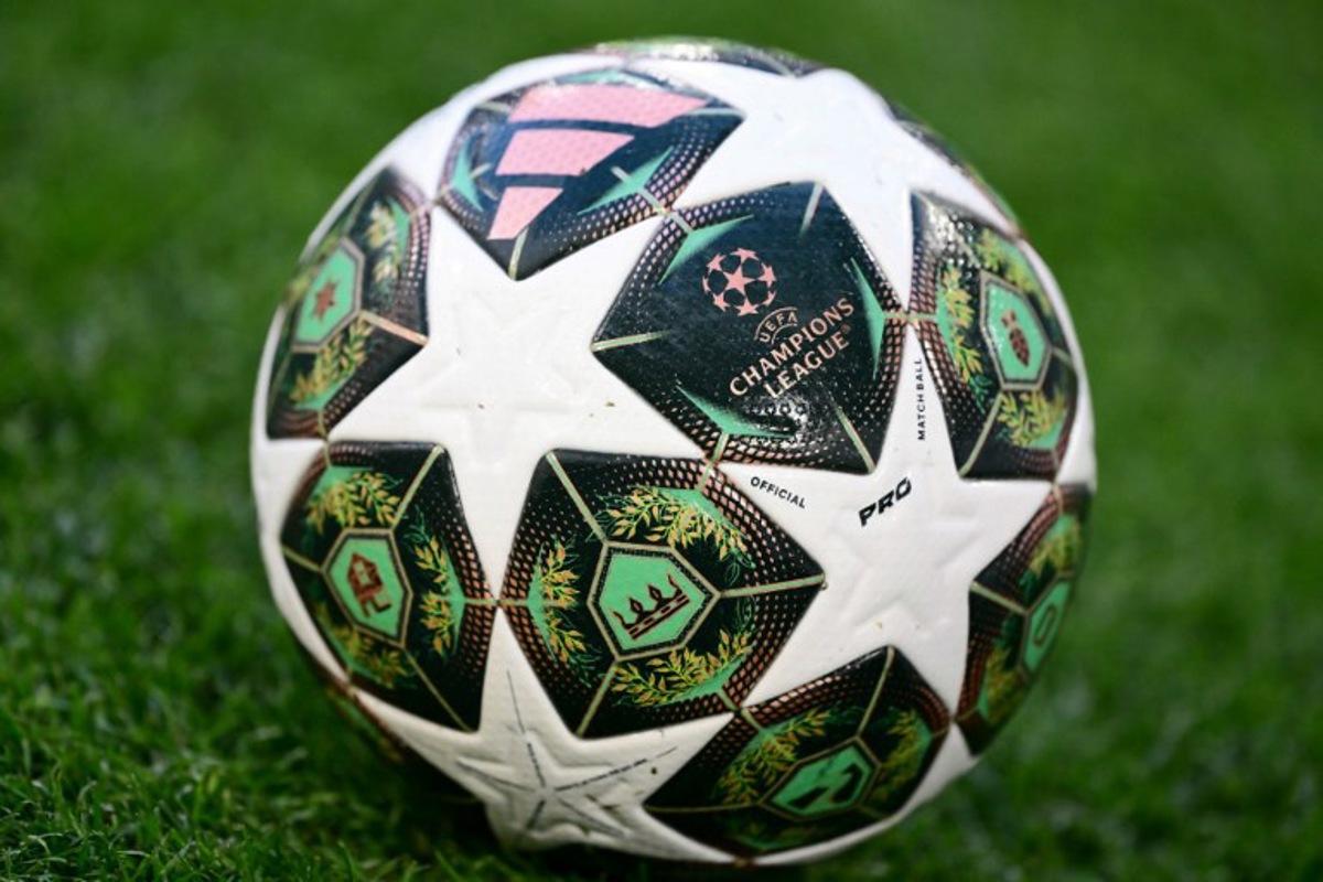 The official UEFA Champions League matchball is pictured during the MD-1 training session on the eve of the UEFA Champions League final football match between Inter Milan and Paris Saint-Germain (PSG) in Munich, southern Germany, on May 30, 2025.  Marco BERTORELLO / AFP