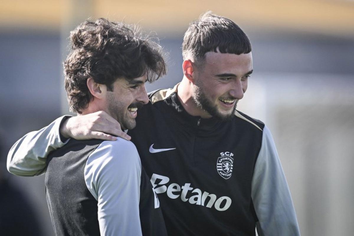 Sporting's Portuguese forward #17 Francisco Trincao and Sporting's Belgian defender #6 Zeno Debast attend a training session at Cristiano Ronaldo training center in Alcochete, outskirts of Lisbon, on February 10, 2025 on the eve of their UEFA Champions League football match against Borussia Dortmund.  PATRICIA DE MELO MOREIRA / AFP