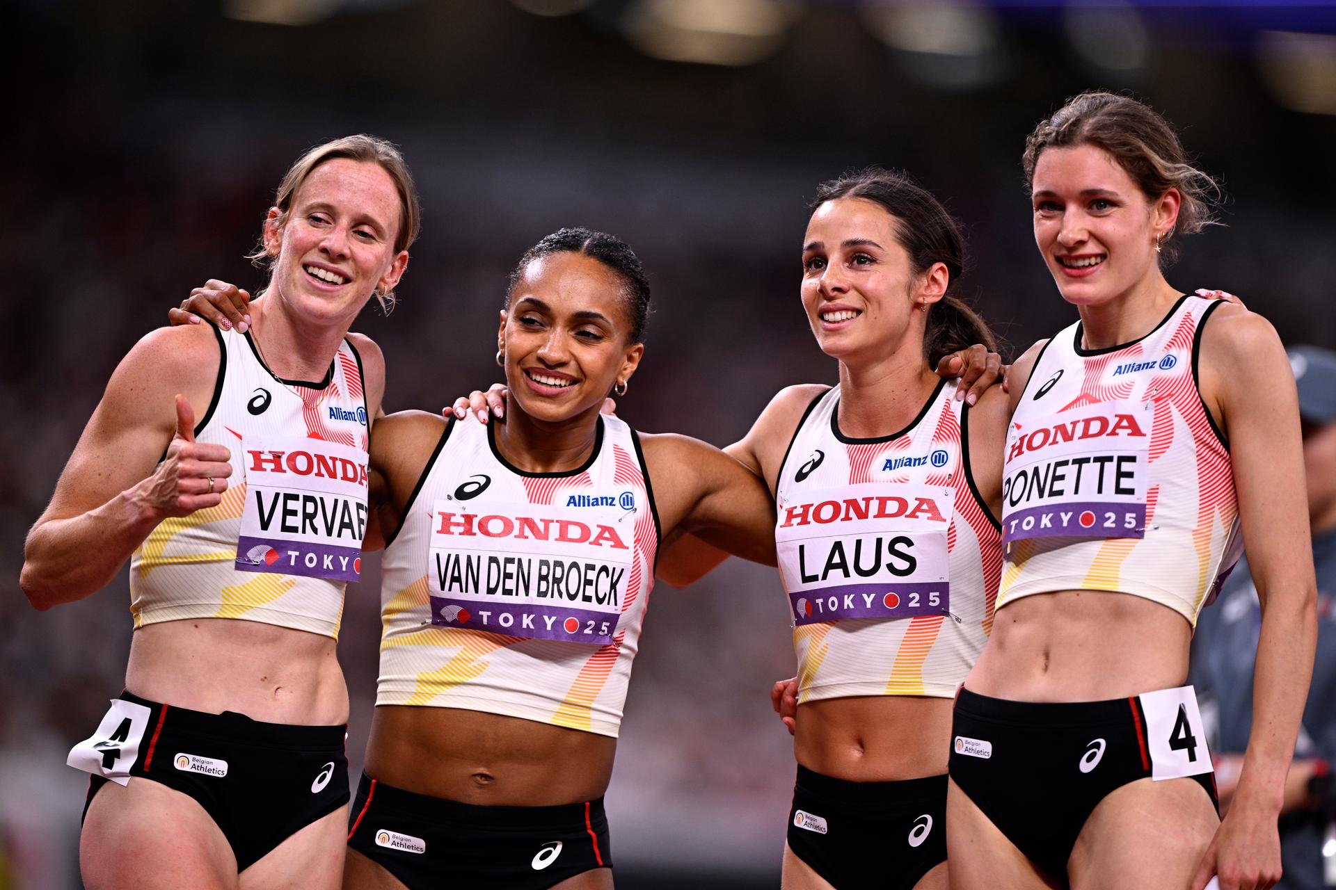 Belgian Imke Vervaet, Belgian Naomi Van den Broeck, Belgian Camille Laus and Belgian Helena Ponette pictured after the heats of the women's 4x100m relay race, at the World Athletics Championships in Tokyo, Japan, on Saturday 20 September 2025. The outdoor Worlds are taking place from 13 to 21 September. BELGA PHOTO JASPER JACOBS