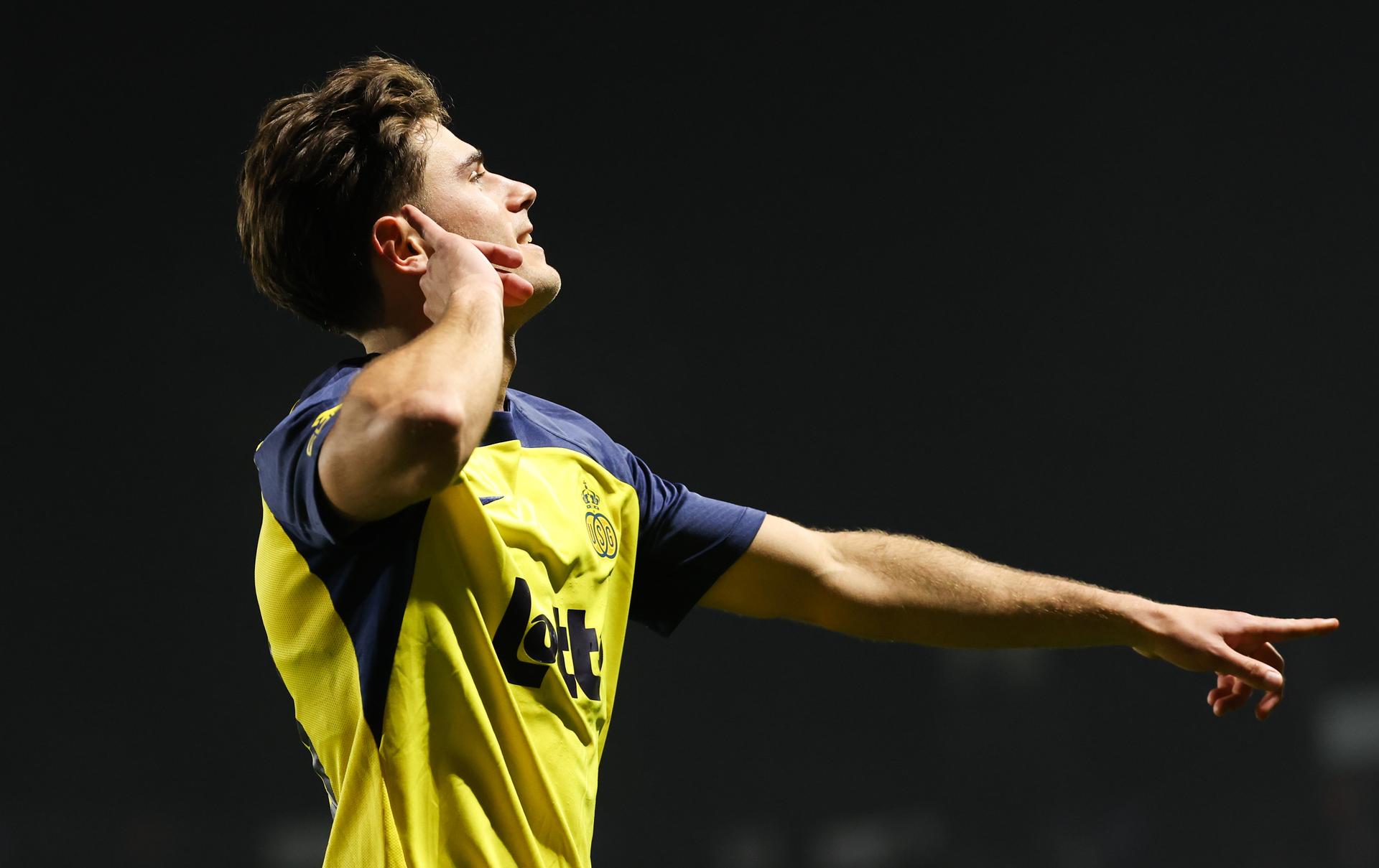 Union's Besfort Zeneli celebrates after scoring during a soccer match between Royale Union Saint-Gilloise and Racing Genk, Saturday 07 March 2026 in Brussels, on day 28 of the 2025-2026 'Jupiler Pro League' first division of the Belgian championship. BELGA PHOTO VIRGINIE LEFOUR