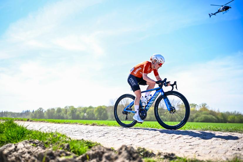 Belgian Marthe Truyen of Fenix-Deceuninck pictured in action during the women's race of the 'Paris-Roubaix' one day cycling race, 148,5 km from Denain to Roubaix, France, on Saturday 12 April 2025. BELGA PHOTO JASPER JACOBS
