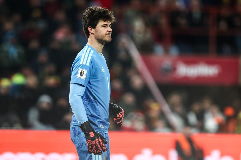 Belgium's goalkeeper Senne Lammens pictured during a soccer game between Belgium's Red Devils and Liechtenstein, the last FIFA World Cup 2026 qualification match, in Liege on Tuesday 18 November 2025. BELGA PHOTO BRUNO FAHY