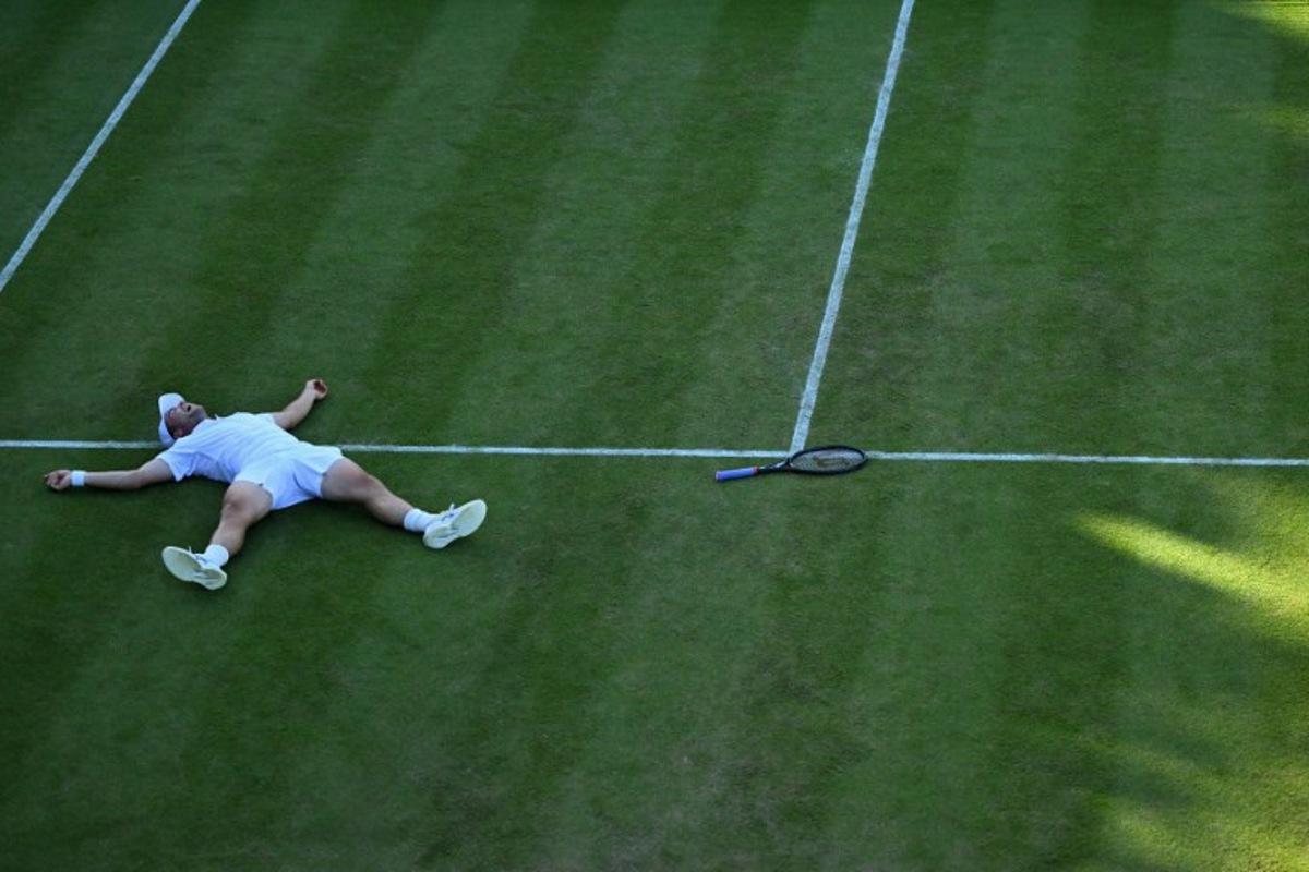 Britain's Arthur Fery celebrates winning against Belgium's Zizou Bergs during their men's singles third round tennis match on the sixth day of the 2026 Wimbledon Championships at The All England Lawn Tennis and Croquet Club in Wimbledon, southwest London, on July 4, 2026.  Kirill KUDRYAVTSEV / AFP