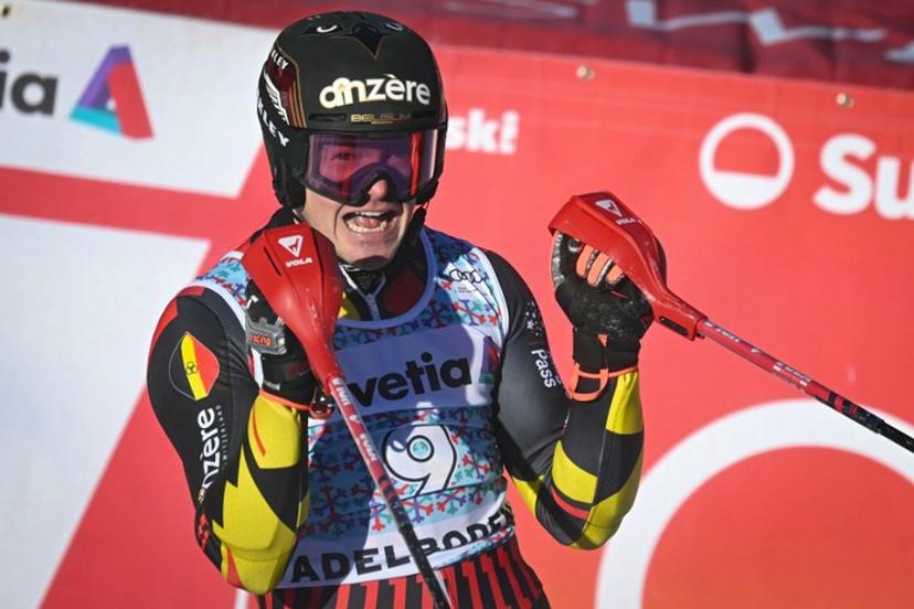 Belgium's Armand Marchant reacts after crossing the finish line during the second run of the Men's Slalom, part of the FIS Alpine Ski World Cup 2025-2026 in Adelboden, soutwestern Switzerland on January 11, 2026.  Fabrice COFFRINI / AFP