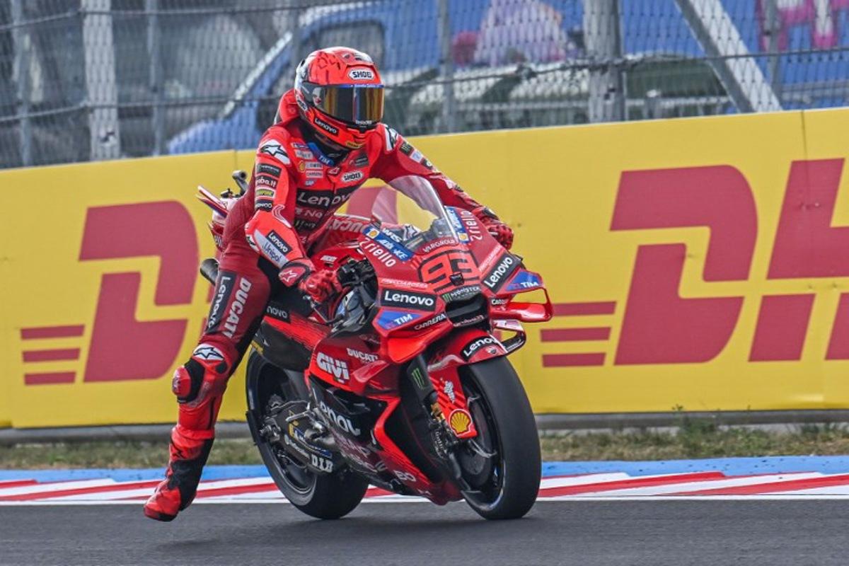 Ducati Lenovo Team's Spanish rider Marc Marquez drives during the practice of motorcycle Hungarian Moto GP Grand Prix at the Balaton Park circuit in Balatonfokajar, Hungary, on August 22, 2025.   ATTILA KISBENEDEK / AFP