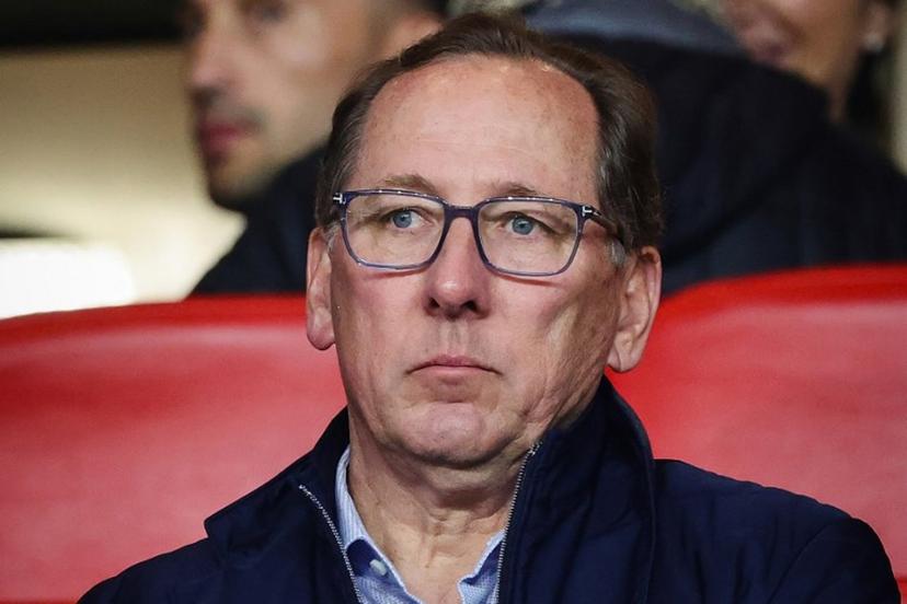 Olympique Lyonnais' (OL) US President John Textor looks on from the stands prior to the French L1 football match between AS Monaco and Olympique Lyonnais (OL) at the Louis II Stadium (Stade Louis II) in the Principality of Monaco on May 10, 2025.  CLEMENT MAHOUDEAU / AFP