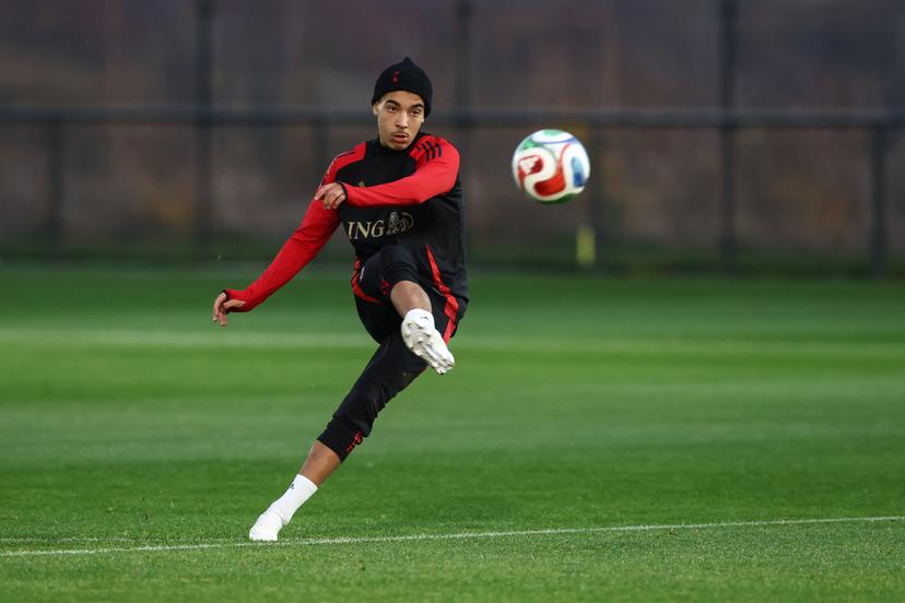 Rayane Bounida pictured during a training session of the Belgian national soccer team Red Devils U21 ahead of their Euro qualifying match against Austria, at the Royal Belgian Football Association's training center, in Tubize, Tuesday 11 November 2025. BELGA PHOTO BRUNO FAHY