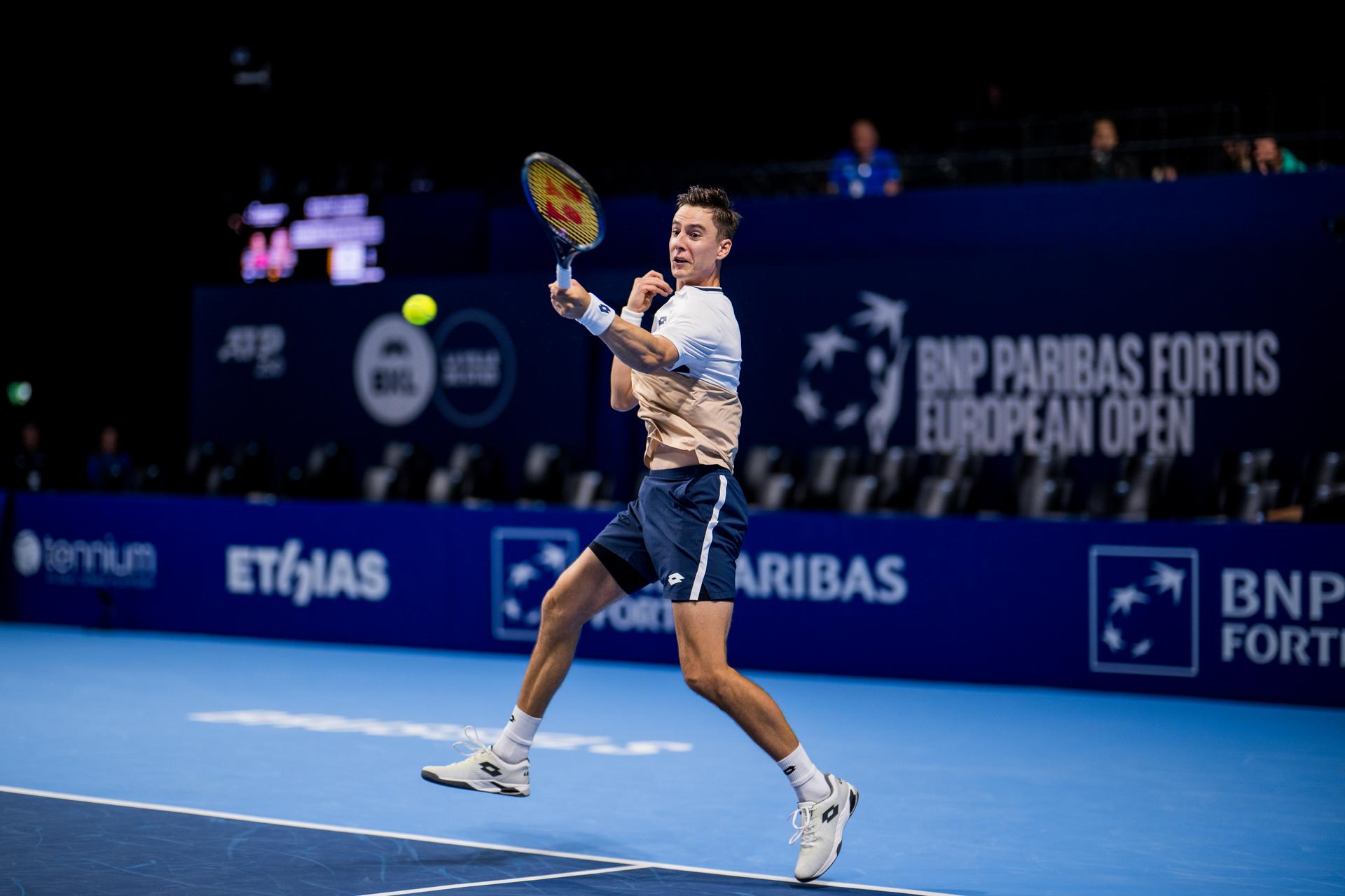 Belgian Joran Vliegen pictured in action during the European Open ATP tennis tournament in Brussels, on Monday 13 October 2025. This year's edition of the tournament is taking place from 12 to 19 October 2025. BELGA PHOTO JASPER JACOBS