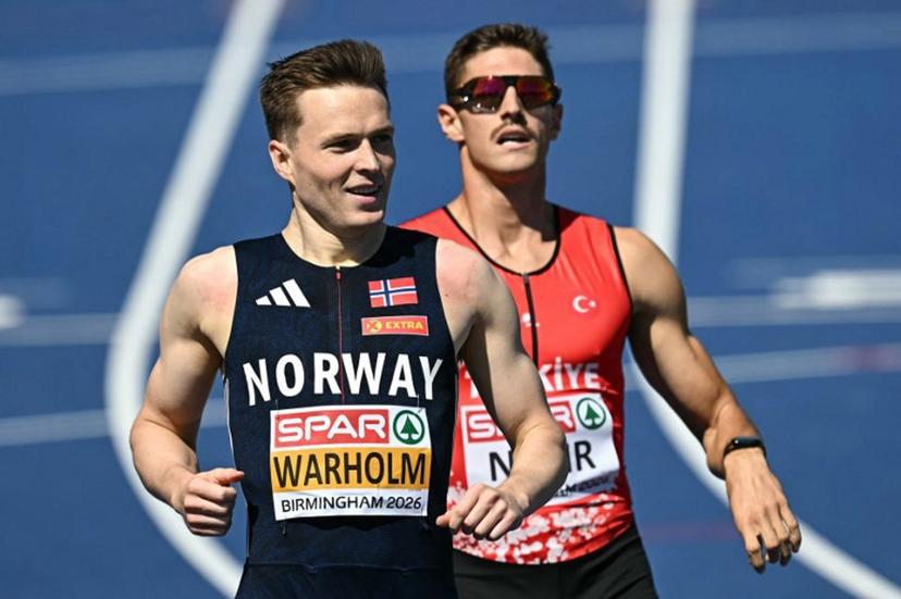 Norway's Karsten Warholm celebrates after arriving first in the men's 400m hurdles semi-final 3 during the European Athletics Championships at Alexander Stadium in Birmingham on August 12, 2026.  Paul ELLIS / AFP