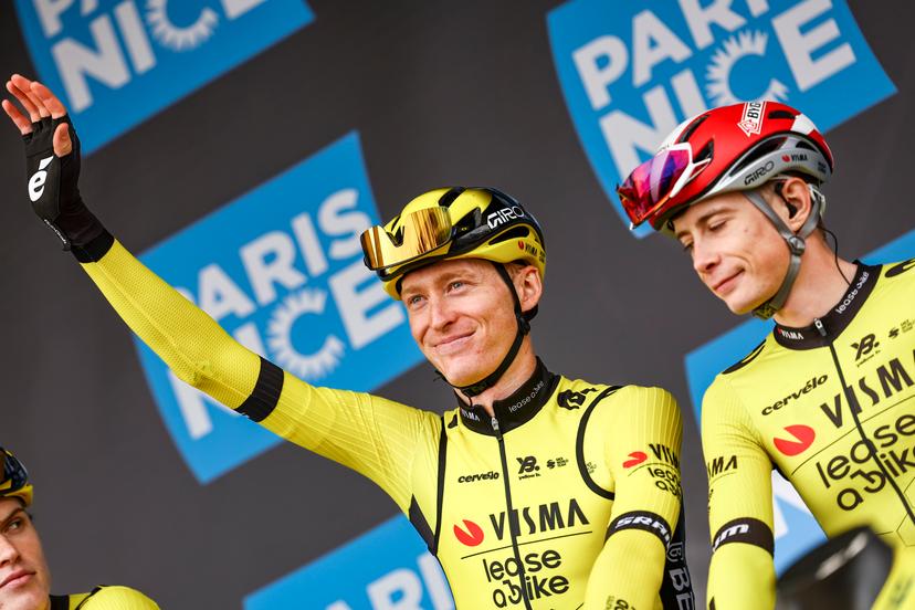 Norwegian Jorgen Nordhagen of Team Visma-Lease a Bike and Danish Jonas Vingegaard Hansen of Team Visma-Lease a Bike pictured before the first stage of 83th edition of the Paris-Nice cycling race, from and to Le Perray-en-Yvelines (156,5km), Sunday 09 March 2025. BELGA PHOTO DAVID PINTENS