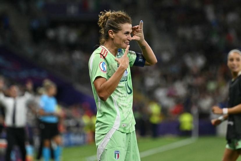 Italy's forward #10 Cristiana Girelli celebrates after scoring his team's first goal during the UEFA Women's Euro 2025 quarter-final football match between Norway and Italy at the Stade de Geneve in Geneva, on July 16, 2025.  SEBASTIEN BOZON / AFP