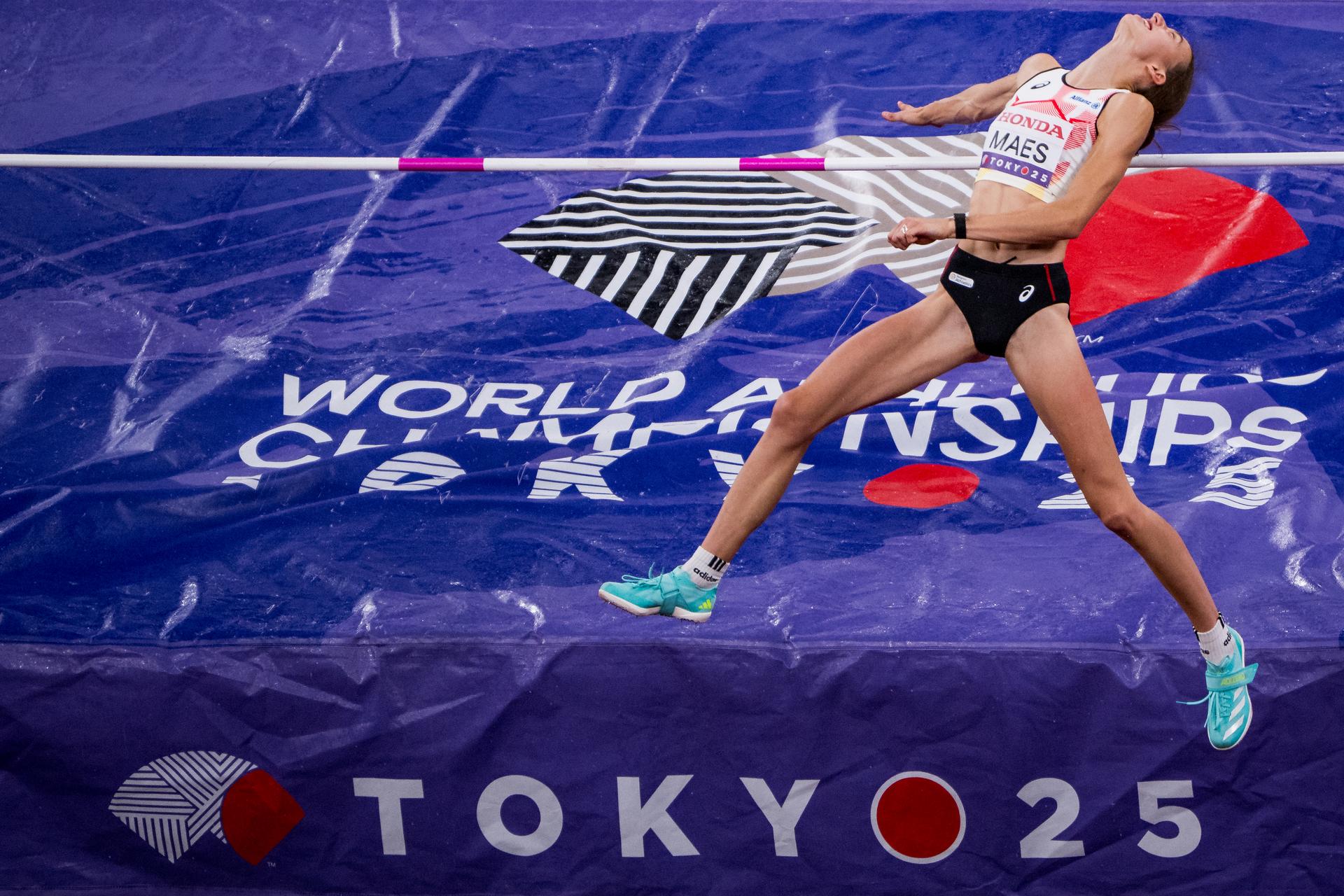 Belgian Merel Maes pictured in action during the high jump women qualifications, at the World Athletics Championships in Tokyo, Japan, on Thursday 18 September 2025. The outdoor Worlds are taking place from 13 to 21 September. BELGA PHOTO JASPER JACOBS