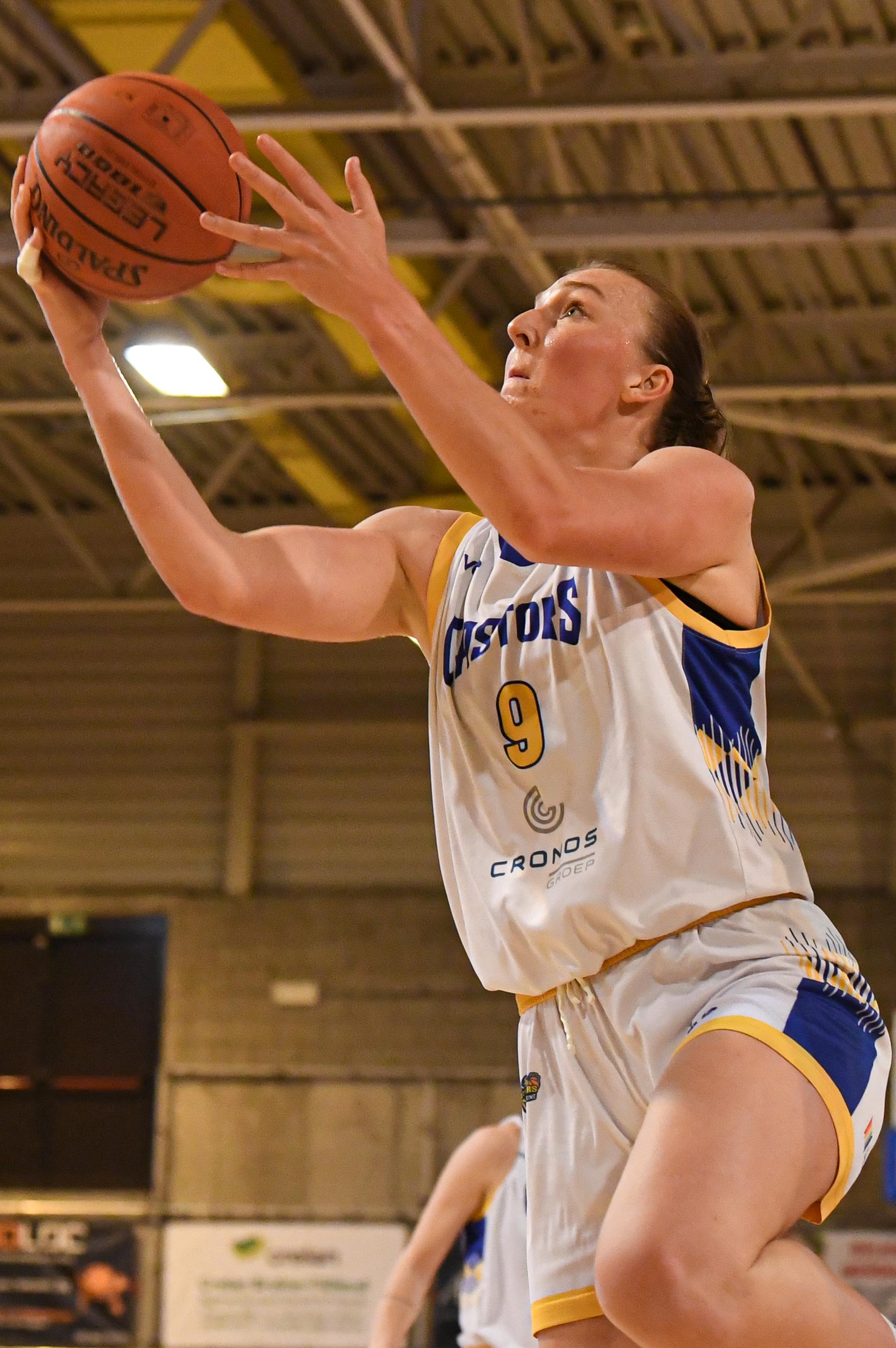 Castors' Marie Vervaet pictured in action during a basketball match between Royal Castors Braine and Kangoeroes Mechelen, Tuesday 22 April 2025, in Braine-l'Alleud, a 3rd leg best-of-3 game in the play-offs finals of the Women's Top Division Belgian basketball competition. BELGA PHOTO JILL DELSAUX