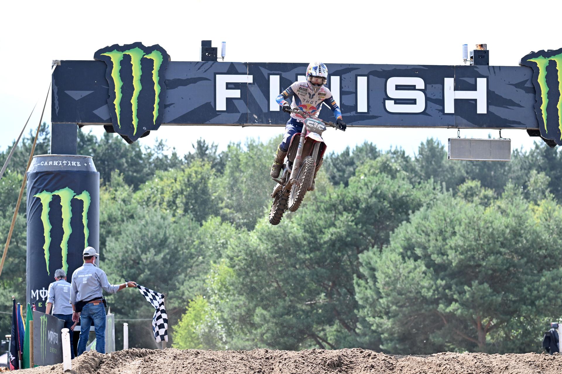 German Simon Langenfelder celebrates winning the second race, at the MX2 race at the motocross MXGP Grand Prix Flanders event, race 14/20 of the FIM Motocross World Championship, Sunday 28 July 2024 in Lommel. BELGA PHOTO MAARTEN STRAETEMANS