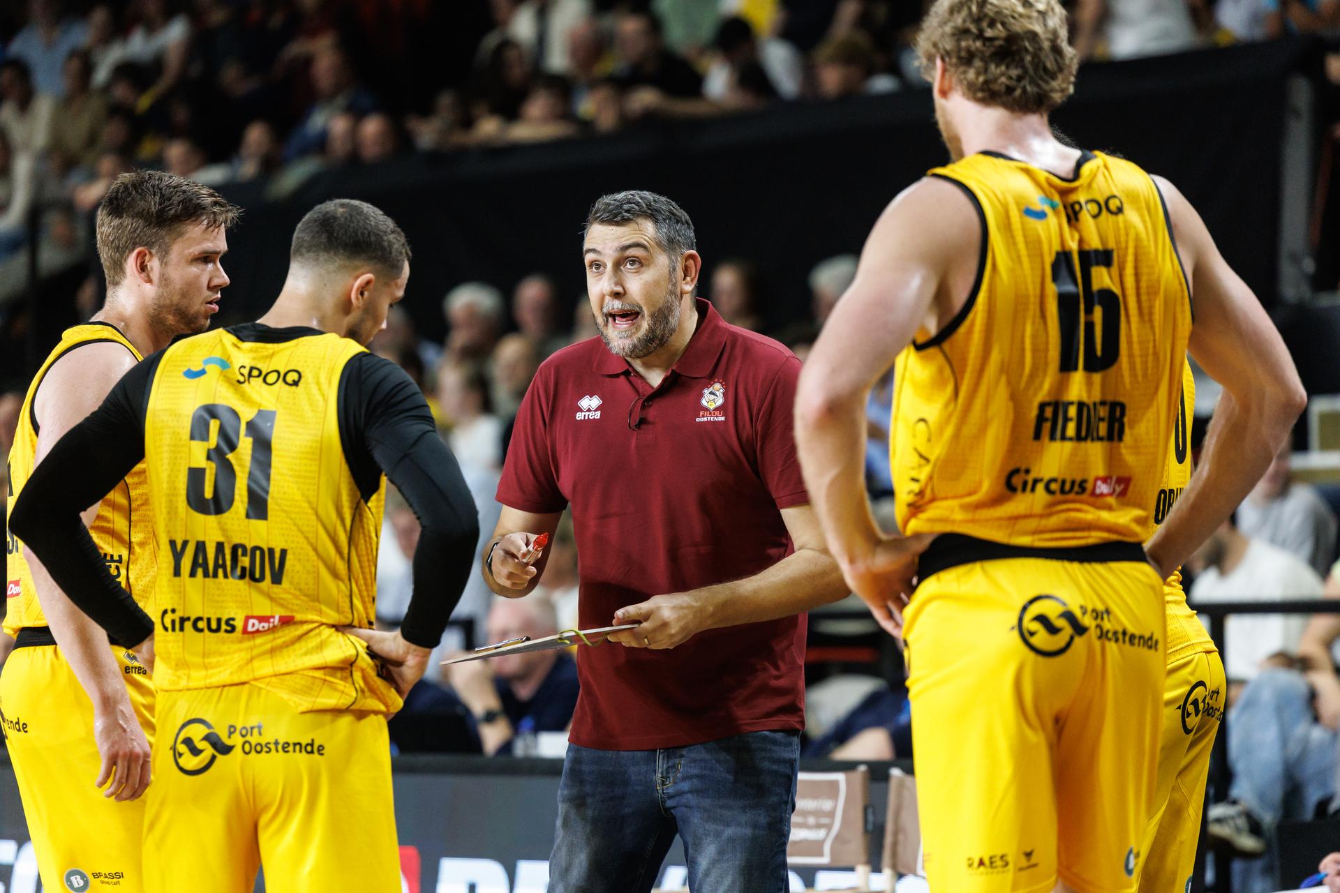 Oostende's head coach Georgios Dedas pictured during a basketball match between Belgian BC Oostende and Dutch Heroes Den Bosch, Saturday 20 September 2025 in Oostende, the supercup of the 'BNXT League' Belgian/Dutch first division basket championship between the champion of Belgium and the Netherlands. BELGA PHOTO KURT DESPLENTER